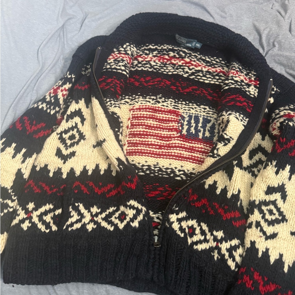 Polo by Ralph Lauren Navy Wool Hand-Knit Sweater with Cream & Red Details - Picture 5 of 6